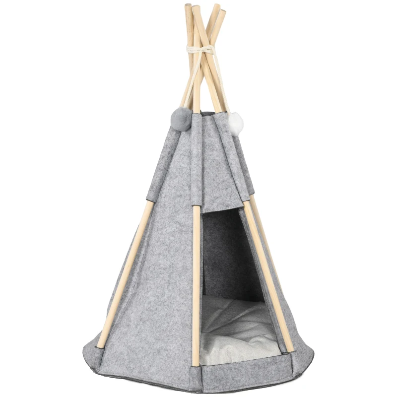 Pawhut Tenda Teepee para Animais Gato ou Cão Almofada Espessa 2 Pompons Incluídos Estrutura de Pinho Feltro Pelúcia Cinza