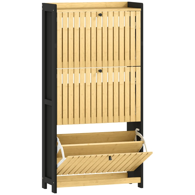 HOMCOM Móvel de Sapatos 18 Pares com 3 Gavetas Basculantes Portas em Bambu com Ripas 60x24x118 cm Preto e Madeira Natural