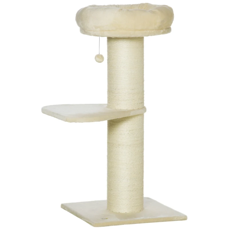Pawhut Árvore para Gato Poste Arranhador Sisal Natural 2 Plataforma Cesto Observação Brinquedo Bola Suspensa Pelúcia Bege