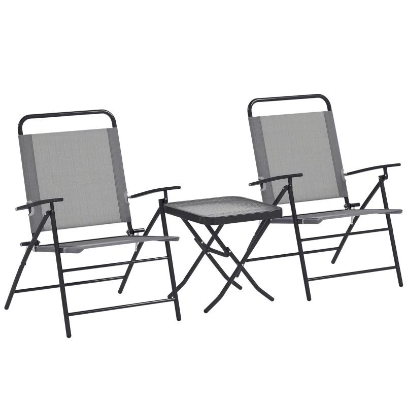 Outsunny Set da Giardino con Tavolo con Piano in Vetro e 2 Sedie Pieghevoli con Schienale Regolabile, Grigio