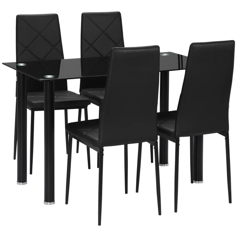 HOMCOM Conjunto de Mesa de Jantar com 4 Cadeiras Tampo de Vidro Temperado Pés de Aço para Cozinha Sala de Estar Preto