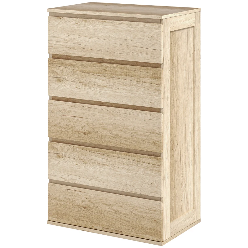 HOMCOM Cômoda 5 Gavetas Móvel de Armazenamento estilo Minimalista 60x38x100 cm Madeira Natural