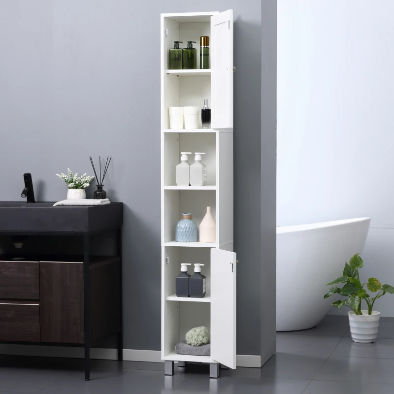 Kleankin Móvel Coluna de Casa de Banho Armário Alto 2 Armários 6 Nichos Prateleiras Ajustáveis 30x28x180 cm Branco