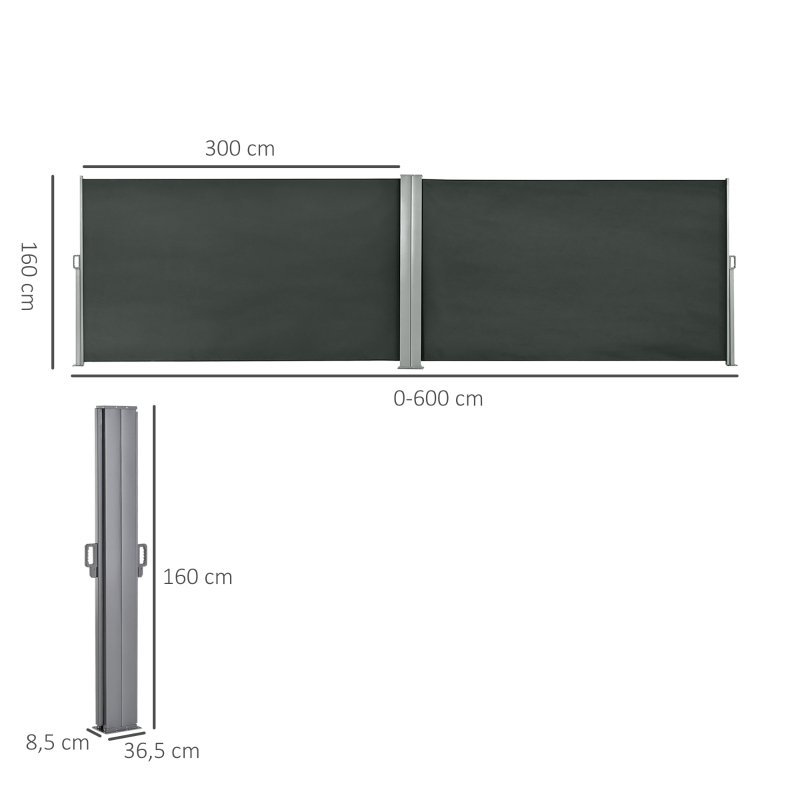 Outsunny Duplo Toldo Lateral Biombo Tela Retrátil 6x1,60 m Poliéster Anti UV Cinza