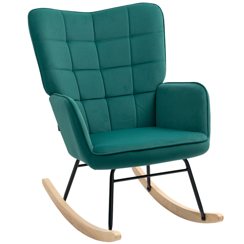 HOMCOM Cadeira de Balanço Rocking Chair Revestimento em Veludo Estrutura em Aço 71x98x101 cm Verde