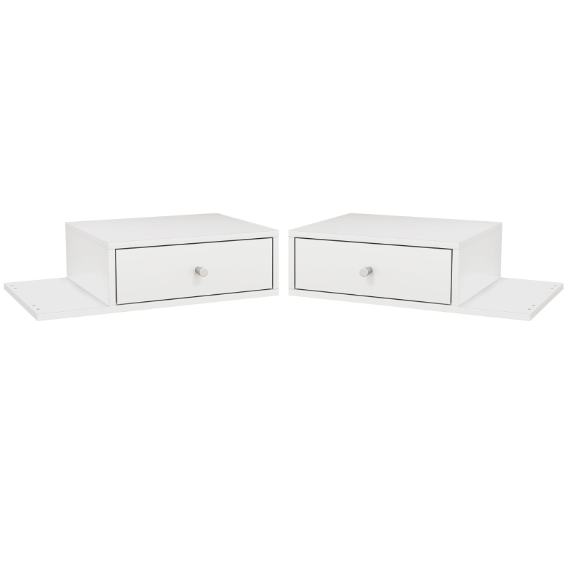 HOMCOM Conjunto de 2 Mesas de Cabeceira de Parede Conjunto de 2 Mesas de Cabeceira Prateleira Lateral e Gaveta 55x30x15 cm MDF Branco