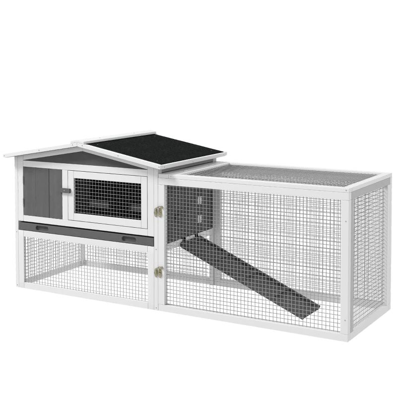 Pawhut Estábulo de Coelhos de Madeira de Pinho Casa para Animais Pequenos com Telhado de Asfalto 156x58x68 cm Cinza Claro