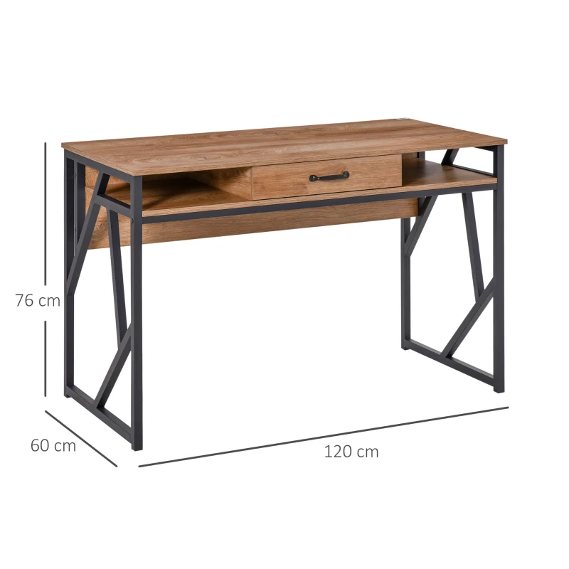 HOMCOM Secretária de Estilo Industrial 120x60x76 cm com Gaveta 2 Prateleiras Pés de Metal Preto Tampo Aparência de Madeira Nogueira