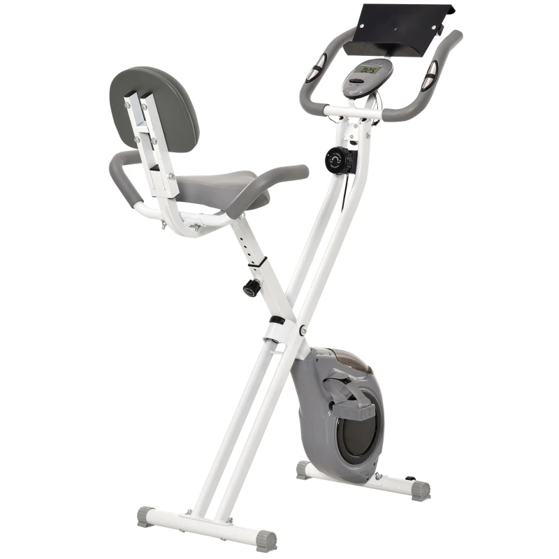 HOMCOM Bicicleta Estática Magnética Dobrável Fitness Interior Encosto Selim Ajustável Pegas Tela LCD Suporte Tablet Aço Branco Cinza