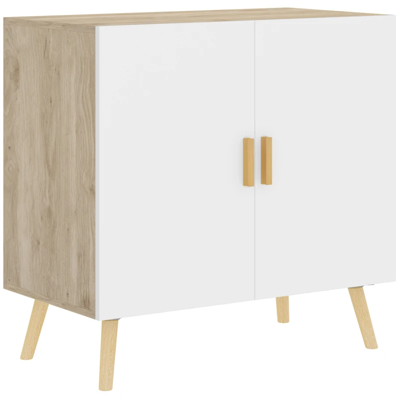 HOMCOM Buffet Móvel de Armazenamento com Alças de Bambu Prateleira Ajustável Base Elevada 76x41,2x74 cm Branco Madeira Natural