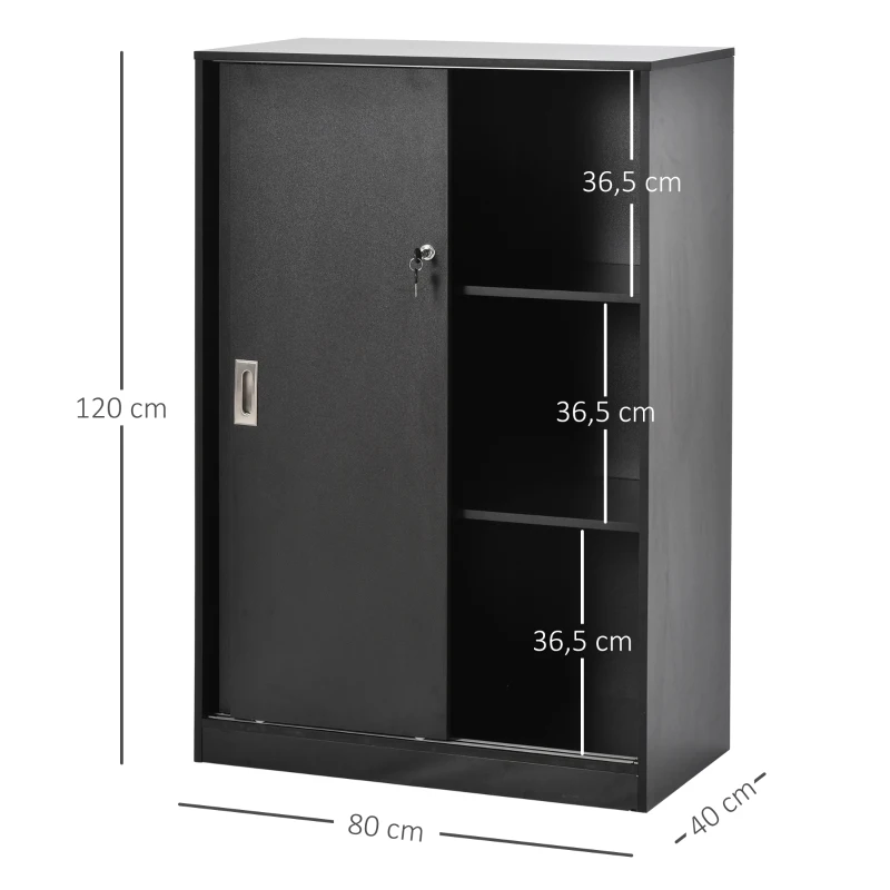 HOMCOM Armário de Escritório 2 Portas de Correr com Fechadura 80x40x120 cm 2 Prateleiras Painéis de Partículas Preto