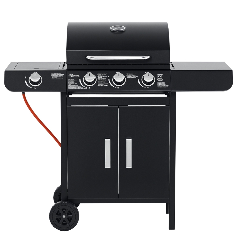 Outsunny Gasgrill mit 3 Hauptbrennern + 1 Seitenbrenner, Ablage, rostfreier Stahl, schwarz, 110 x 50 x 100 cm