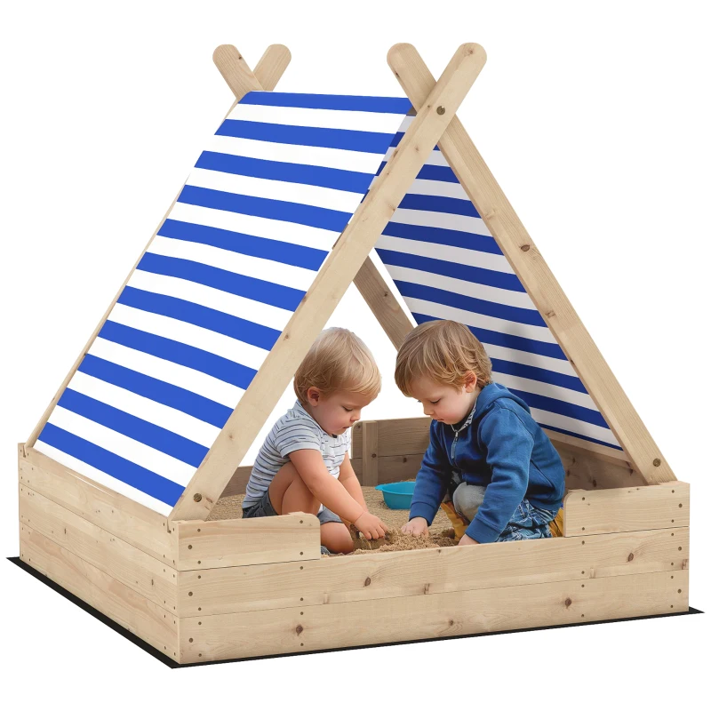 Aiyaplay Caixa de Areia em Madeira para Crianças 3-6 Anos Auvent Removível Resistente Às Intempéries 120x120x126,5 cm Madeira Natural