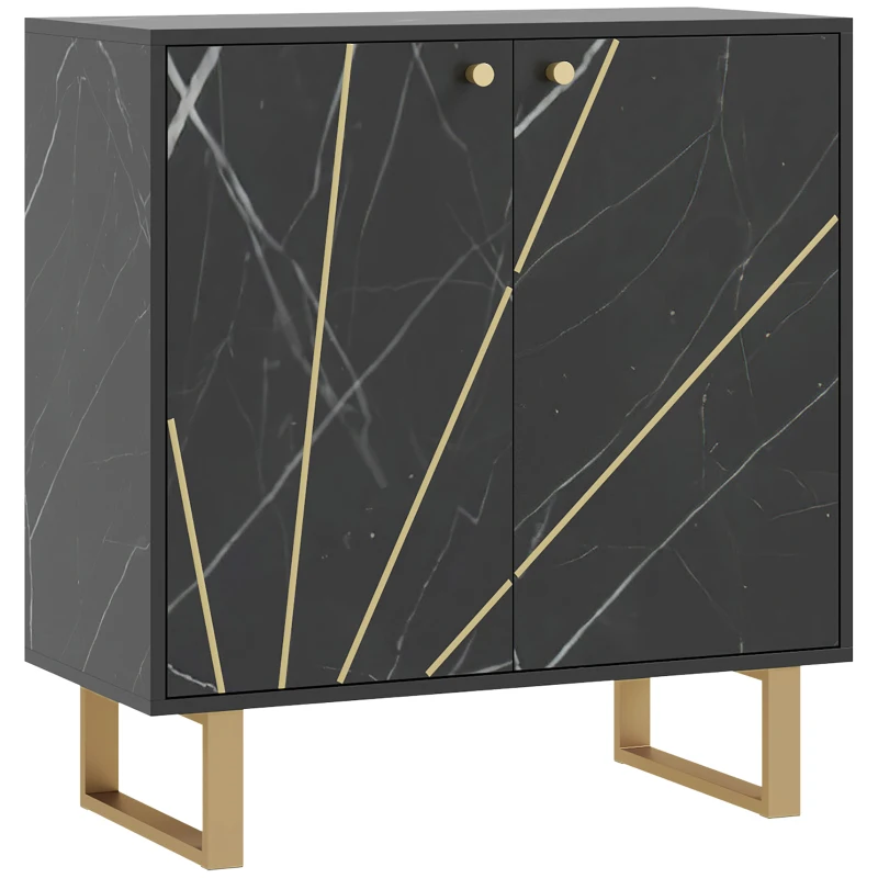 HOMCOM Buffet de Armazenamento com 2 Portas e Prateleira Ajustável Pés em Metal 76x35x77 cm Tom Mármore Preto