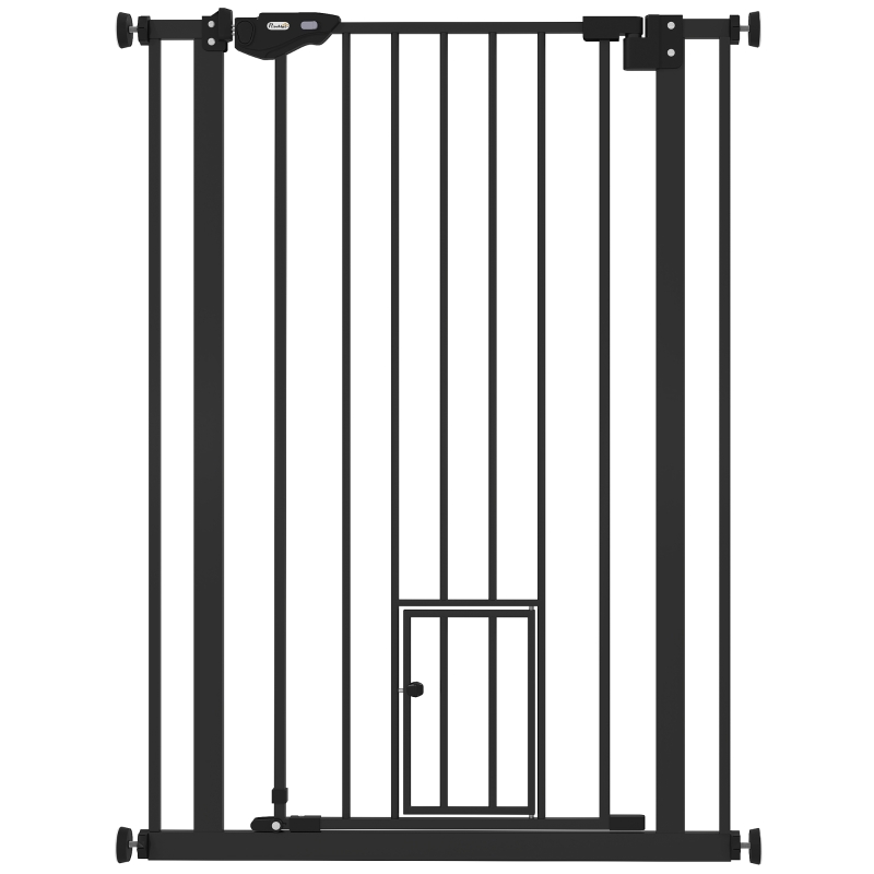 Pawhut Barreira de Segurança para Animais de 104 cm Porta Automático Travamento Duplo Sem Perfuração de 74-80 cm em Aço Preto