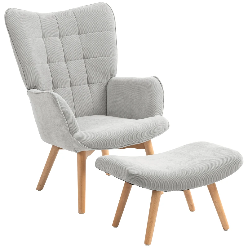 HOMCOM Cadeirão com Otomano Cadeira de Relaxamento em Veludo Cadeira de Braços com Pernas de Madeira para Sala de Estar Cinza