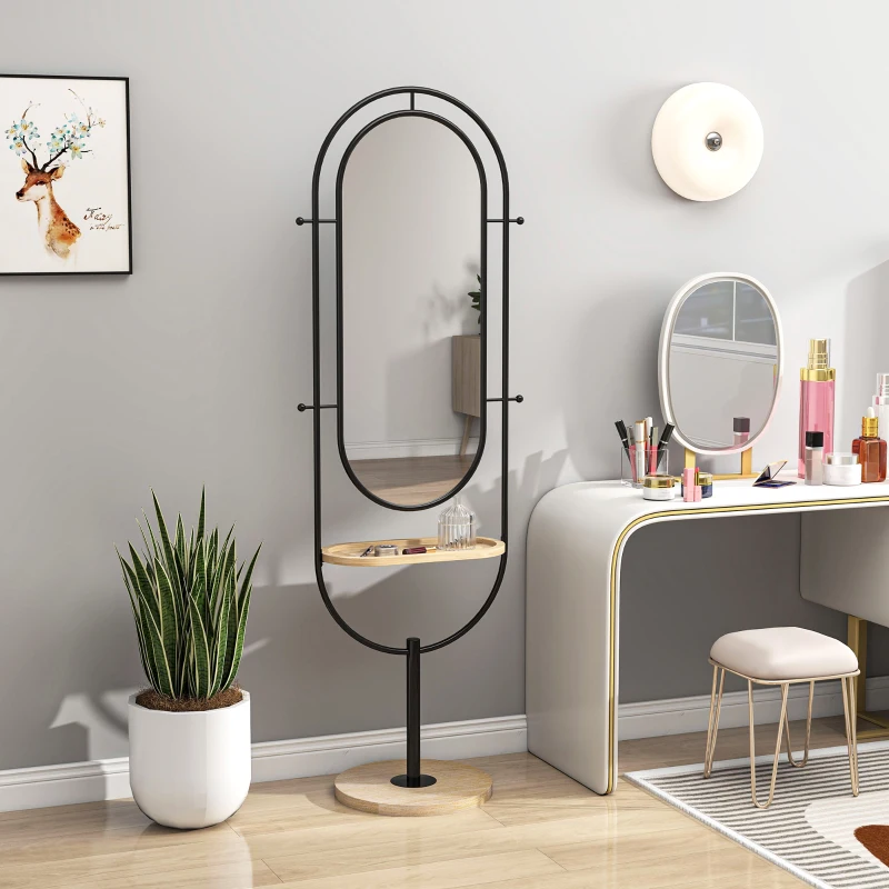 HOMCOM Espelho de Corpo Inteiro Oval com Tampo de Madeira 4 Ganchos e Moldura de Metal 50x40x175,5 cm Preto