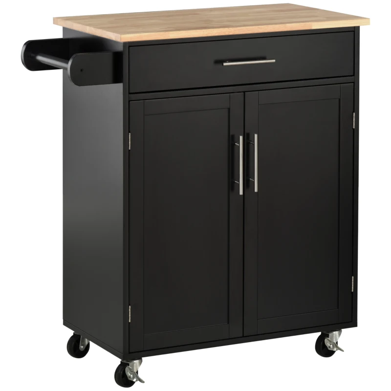 HOMCOM Carrinho de Cozinha em Rodízios Carrinho de Serviço Ilha de Cozinha com Gaveta de Armário e Panos de Prato 83x45x91,5 cm Preto