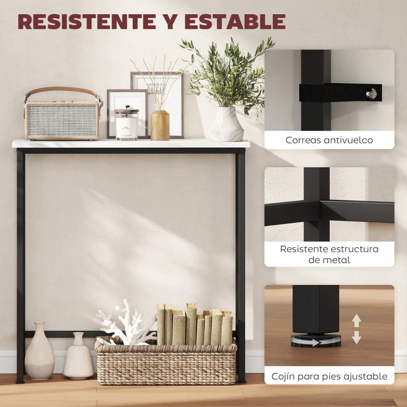 HOMCOM Consola Recibidor Estrecha con Superficie con Efecto Mármol y Marco de Metal 75x24x76 cm Blanco y Negro