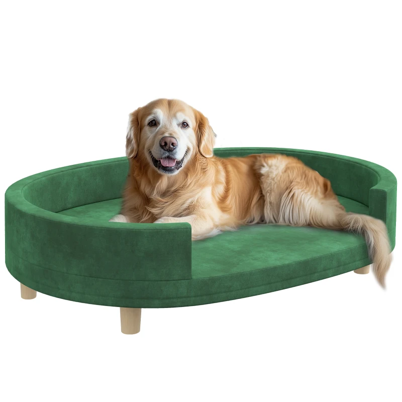 Pawhut Canapé para Cão Poltrona para Gato Superfície em Veludo com Almofada Removível Pés em Madeira 100x70x25 cm Verde