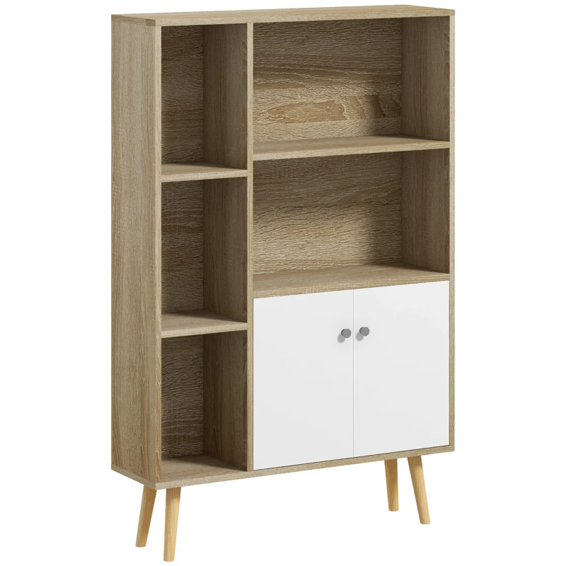 HOMCOM Estante de Estilo Escandinavo Móvel de Arrumação 80x23,5x123 cm 5 Nichos Armário com 2 Portas Pés Inclinados