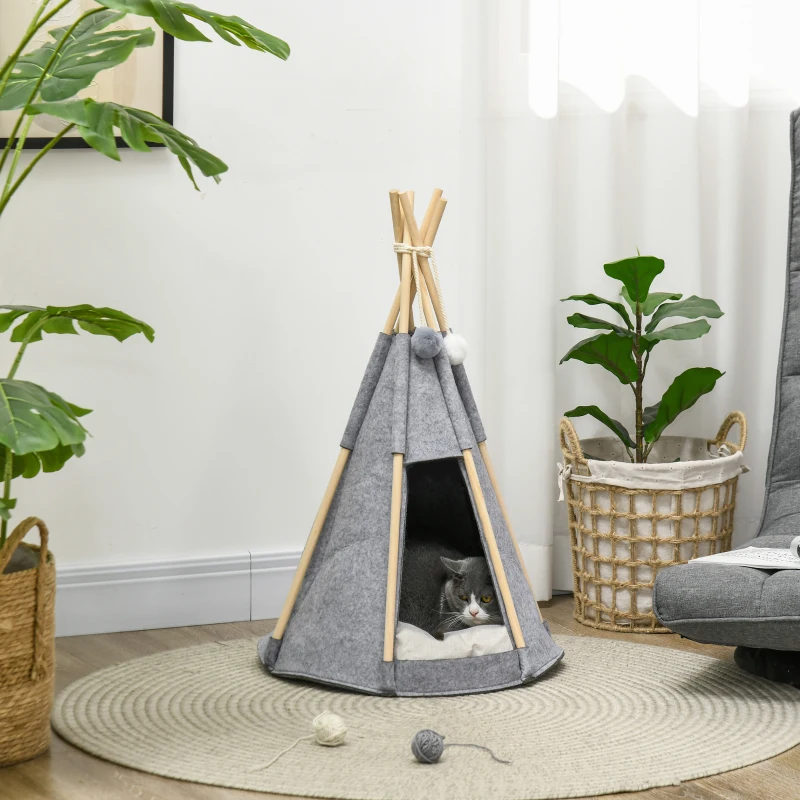 Pawhut Tenda Teepee para Animais Gato ou Cão Almofada Espessa 2 Pompons Incluídos Estrutura de Pinho Feltro Pelúcia Cinza