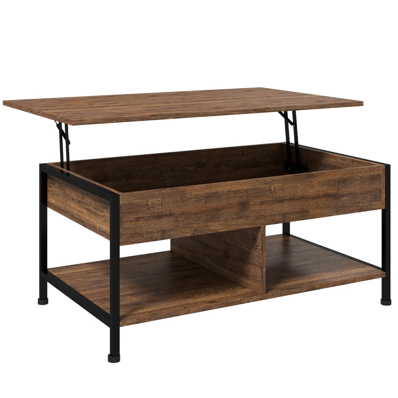 HOMCOM Mesa de Centro Elevável Mesa de Sala Compartimento Oculto 2 Prateleiras Inferiores 100x80x60 cm Marrom Rústico Preto