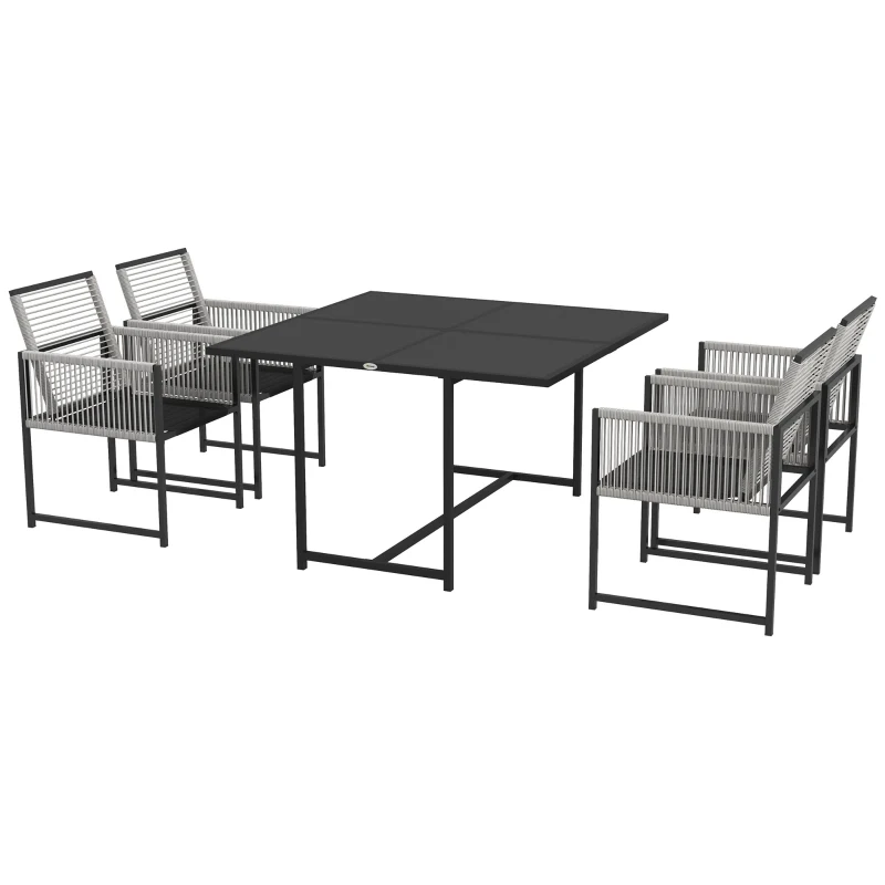 Outsunny Móveis de jardim Conjunto Mesa e Cadeiras com 1 Mesa de Jantar e 4 Cadeiras Encosto Dobrável Tampo de Vidro Temperado