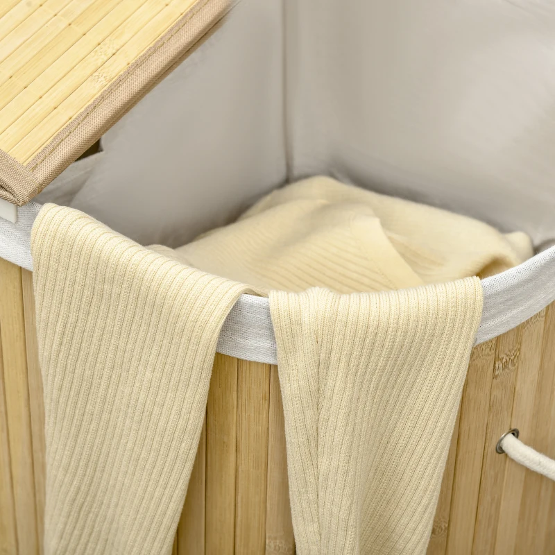 HOMCOM Cesto de Roupa em Bambu 100L com 2 Compartimentos Tampa e Saco Removível 62,5x37x60,5 cm Natural