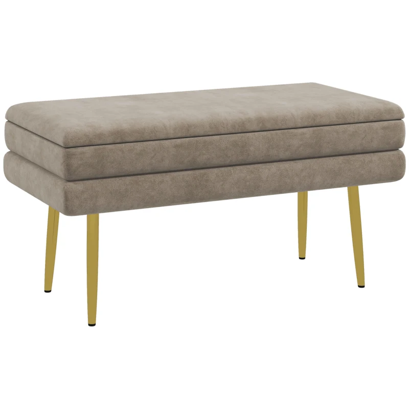 HOMCOM Banco Baú de Armazenamento 2 em 1 com Assento de Veludo e Pés de Aço 79,5x37,5x43 cm Bege e Dourado