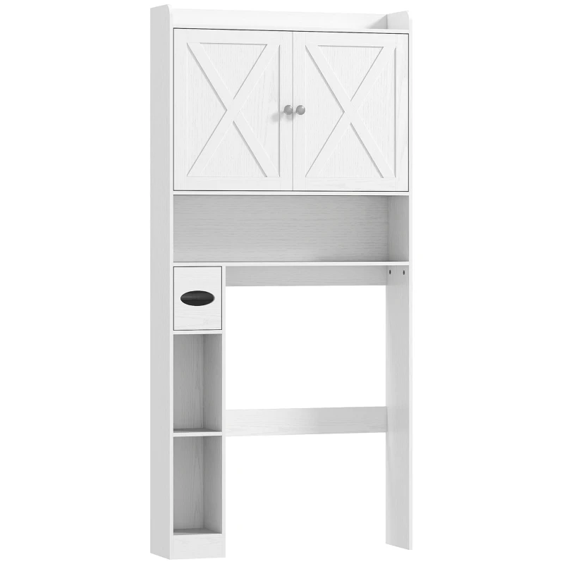 HOMCOM Móvel WC Acima Do Vaso Sanitário com Armário de Portas de Celeiro Prateleira Ajustável Compartimentos e Porta Papel Branco