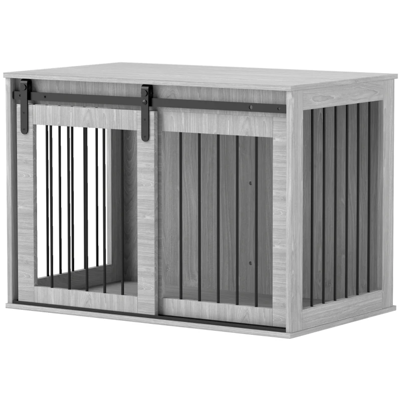 Pawhut Caixa de Cachorro com Porta de Correr Ventilação Aglomerado de Madeira e Aço 98x58x61 cm Cinza