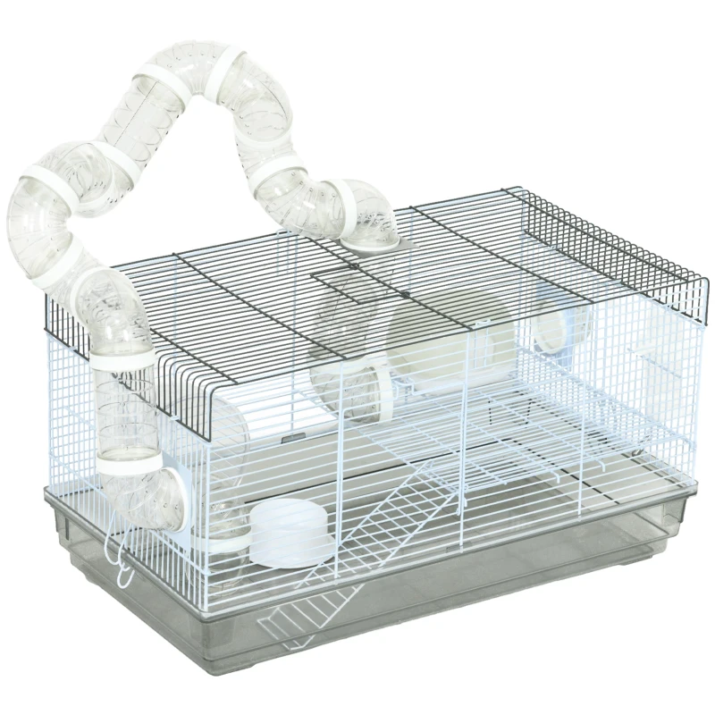Pawhut Gaiola para Hamster Gaiola para Roedores com Túnel e Acessórios Inclusos Barras de Aço 58x32x31 cm Cinza
