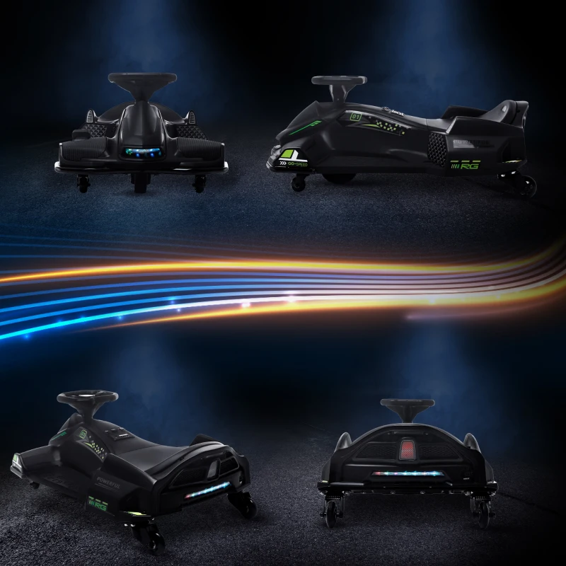 HOMCOM Go Kart Elétrico para Crianças 8-12 Anos Velocidade 3-8 Km/H para Drifting com Luzes e Música Preto