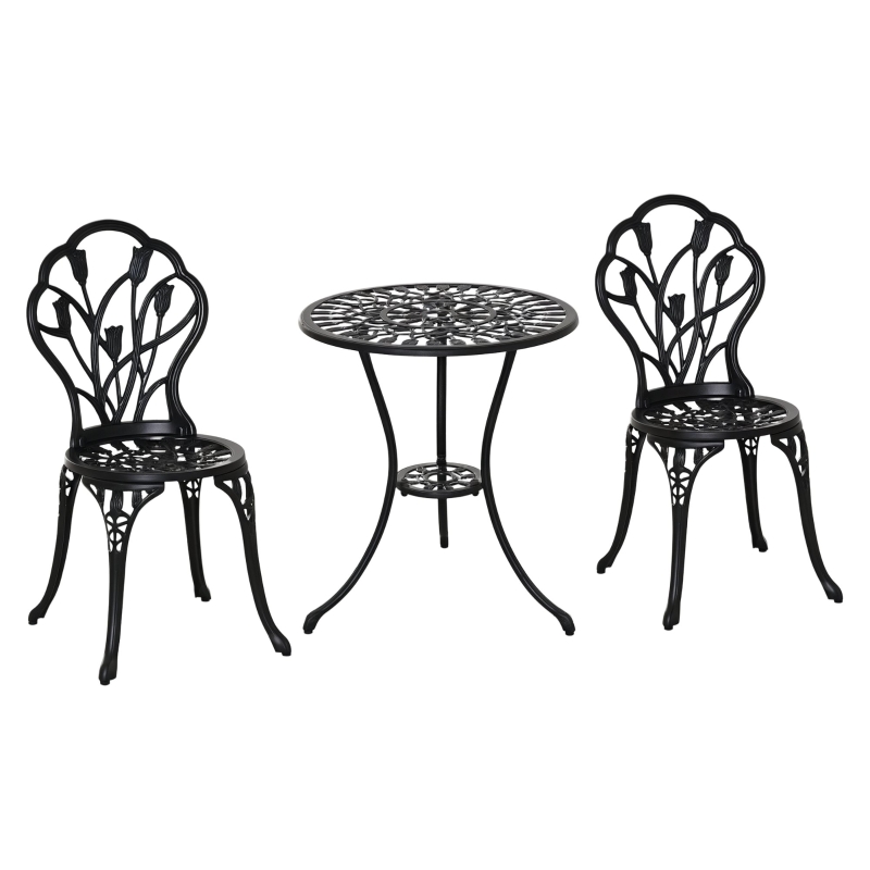 Outsunny Ensemble Salon de Jardin 2 Places 2 chaises + Table Ronde Fonte d'aluminium Imitation Fer forgé Noir
