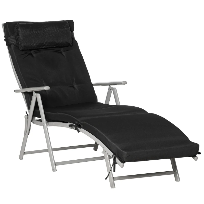 Outsunny Espreguiçadeira Pliável Reclinável 7 Posições Cadeira Longa Conforto Colchão e Braços Metal Epóxi Textilno Poliéster Preto