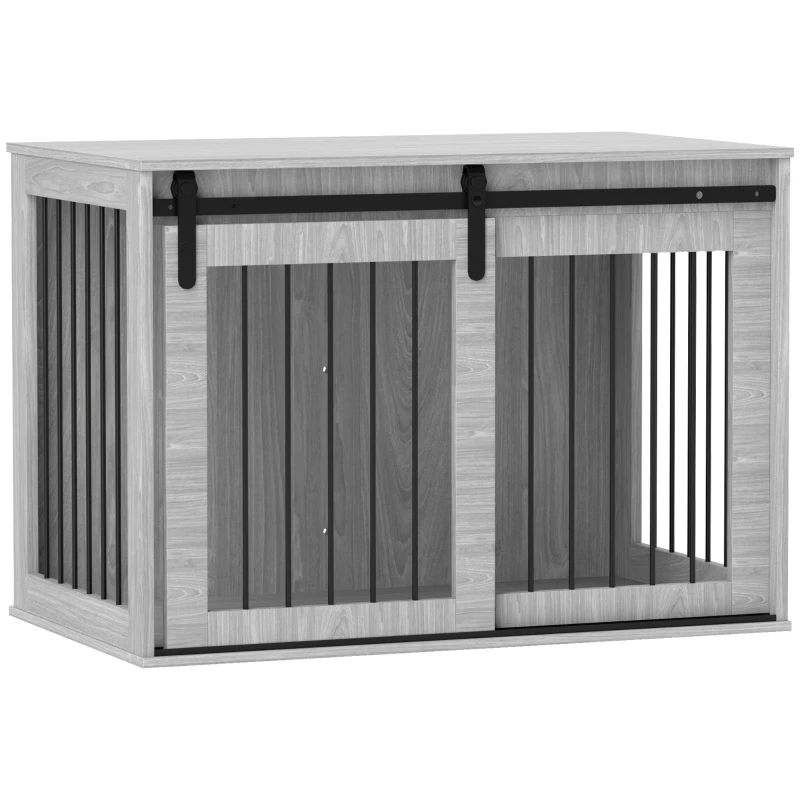 Pawhut Caixa de Cachorro com Porta de Correr Ventilação Aglomerado de Madeira e Aço 98x58x61 cm Cinza