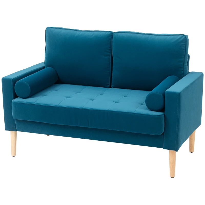 HOMCOM Sofá de 2 Lugares Moderno em Veludo 127 cm com Almofadas Espessas 2 Travesseiros e Assento Capitonê Azul