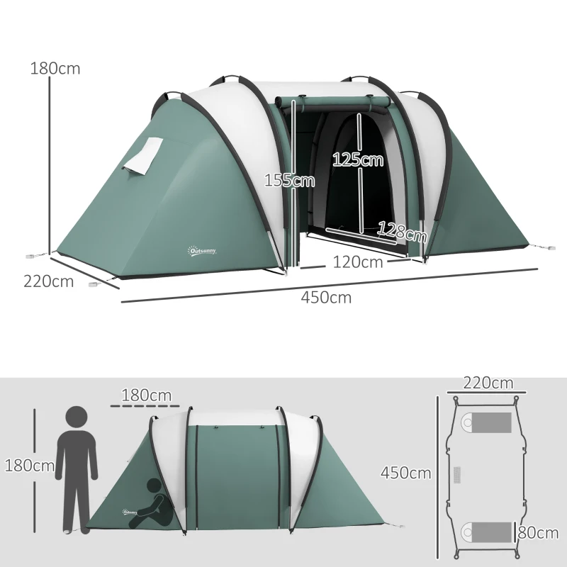 Outsunny Tenda de Acampamento Familiar 4-5 Pessoas com 2 Quartos 3000 Mm Impermeável e Ventilada Bolsa de Transporte Verde