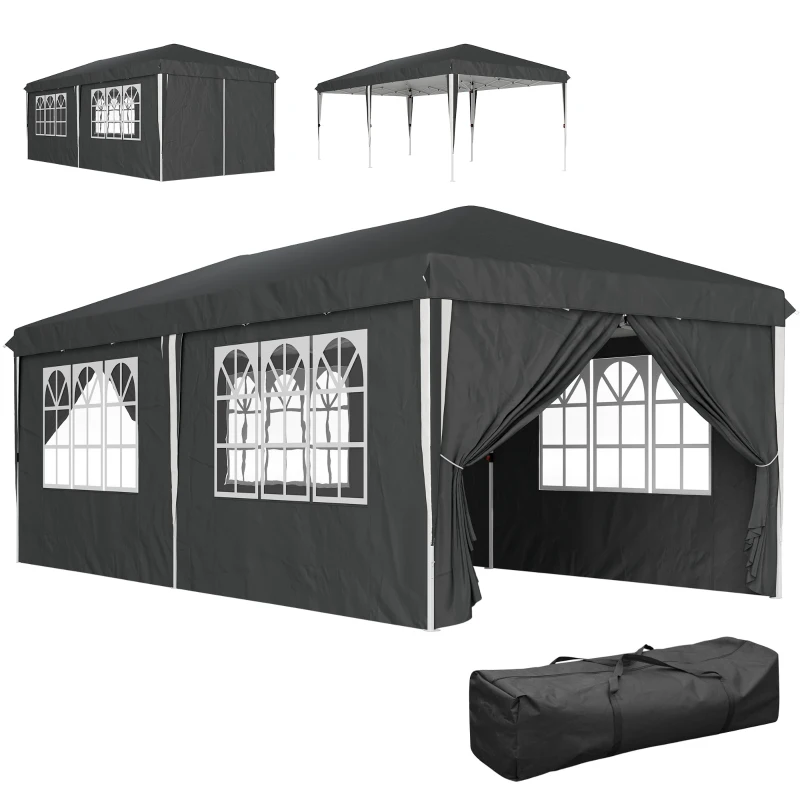 Outsunny Gazebo 3x6 m para 12-18 Pessoas Ajustável em Altura com Furos de Drenagem em Metal e Tecido Oxford Cinza