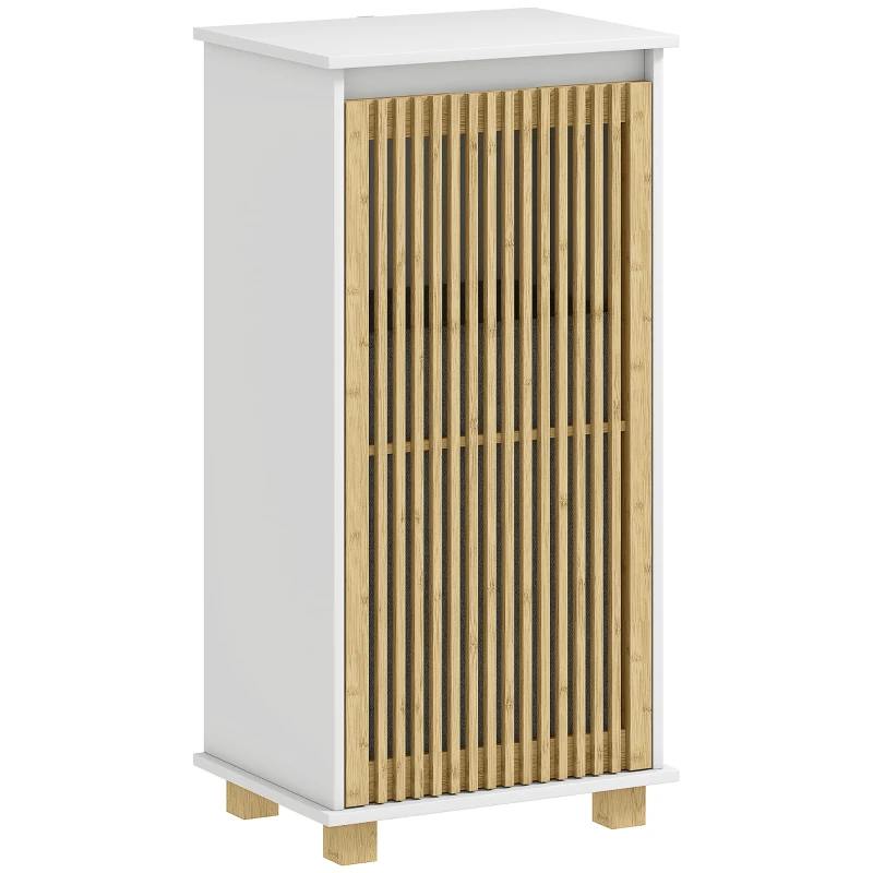 HOMCOM Móvel Banheiro com Cesto de Roupa Porta de Ripas de Bambu e Saco Removível Branco e Efeito Madeira Natural