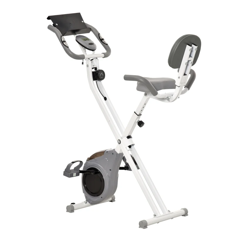 HOMCOM Bicicleta Estática Magnética Dobrável Fitness Interior Encosto Selim Ajustável Pegas Tela LCD Suporte Tablet Aço Branco Cinza