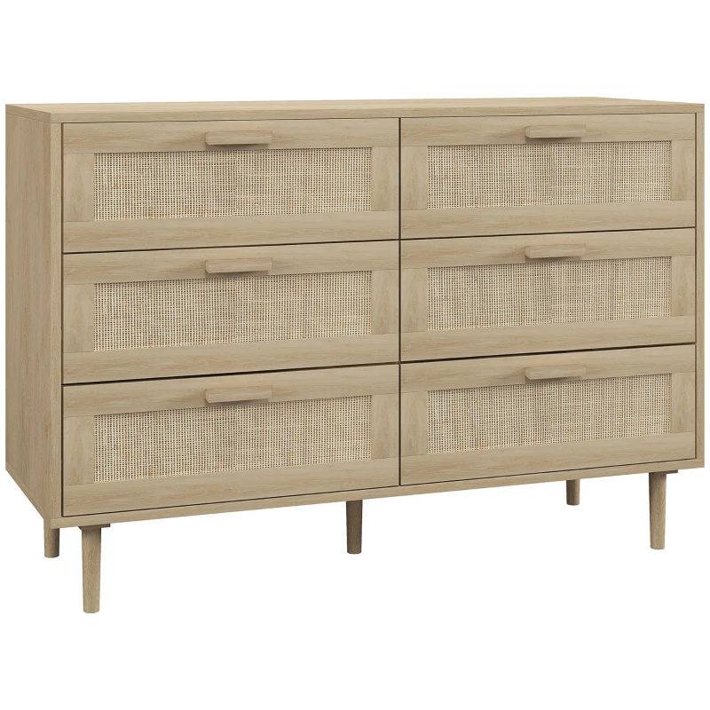 HOMCOM Cômoda 6 Gavetas Móvel de Armazenamento com Têxteis de Vime 110x40x75 cm Aparência de Madeira Clara
