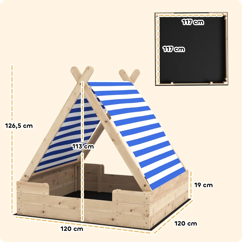 Aiyaplay Caixa de Areia em Madeira para Crianças 3-6 Anos Auvent Removível Resistente Às Intempéries 120x120x126,5 cm Madeira Natural