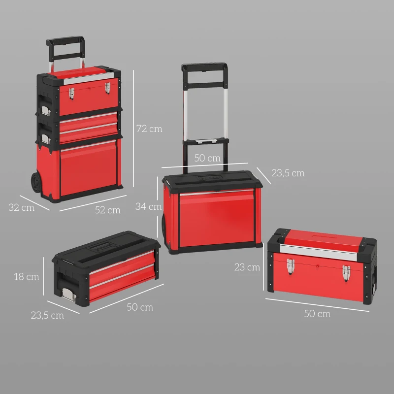 HOMCOM Conjunto de 3 Caixas de Ferramentas Sobre Rodas Empilháveis e Modulares em Aço com Bandeja Alças e Fechadura Vermelho