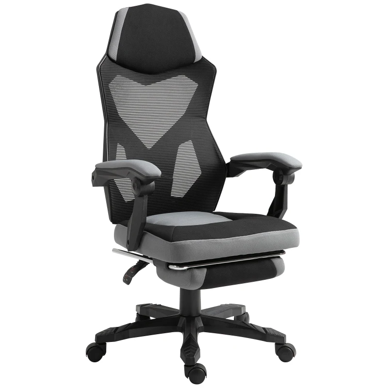 Vinsetto Cadeira de Escritório Poltrona Jogos Altura Ajustável Encosto Giratório Rodízios Repousa Pés 58x63x112-122 cm Cinza Preto