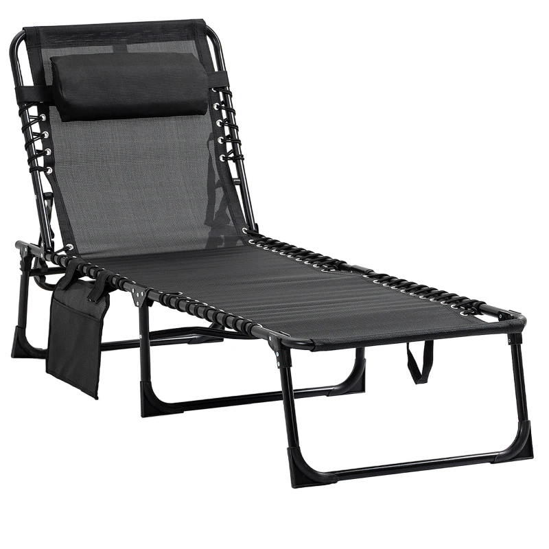Outsunny Cadeira de Praia Dobrável Cadeira de Estar Encosto Reclinável Apoio de Cabeça Removível Bolso Lateral Aço 189x58x30 cm Preto