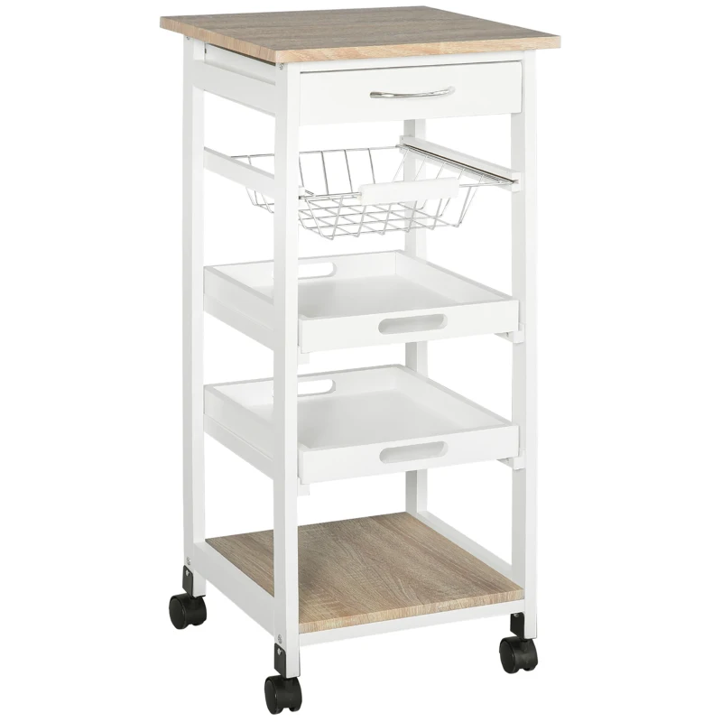 HOMCOM Carrinho de Cozinha Salvaespaço Madeira de Pinho e MDF Carrinho Organizador Gaveta Cesto 2 Bandejas e Rodas 37x37x82 cm Branco