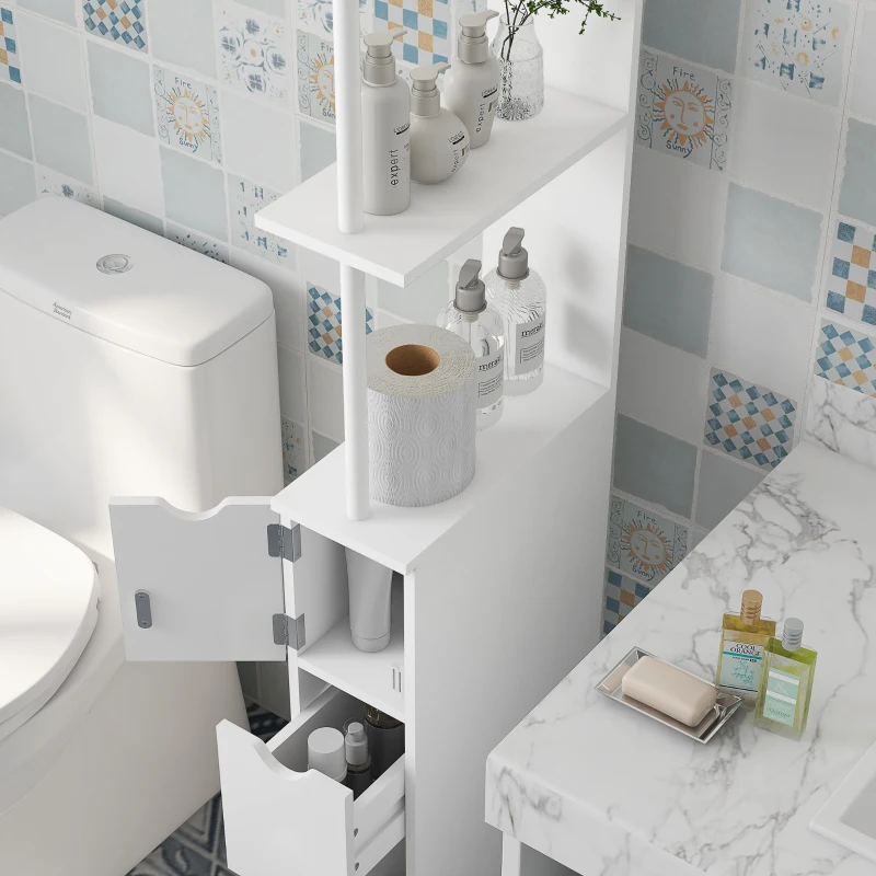 HOMCOM Móvel Coluna Casa de Banho Armário de Casa de Banho com Gavetas Prateleiras Abertas Armário 15x33x136,5 cm Branco