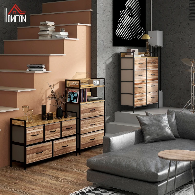 HOMCOM Móvel de Arrumação Estilo Industrial Cómoda 3 Gavetas em Tecido Removíveis e 2 Prateleiras 60x29x101 cm MDF e Metal